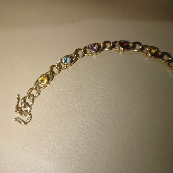 Gold Tone Chain Bracelet Heart-Shaped Multi-Colored Gemstones Toggle Clasp - Picture 9 of 9